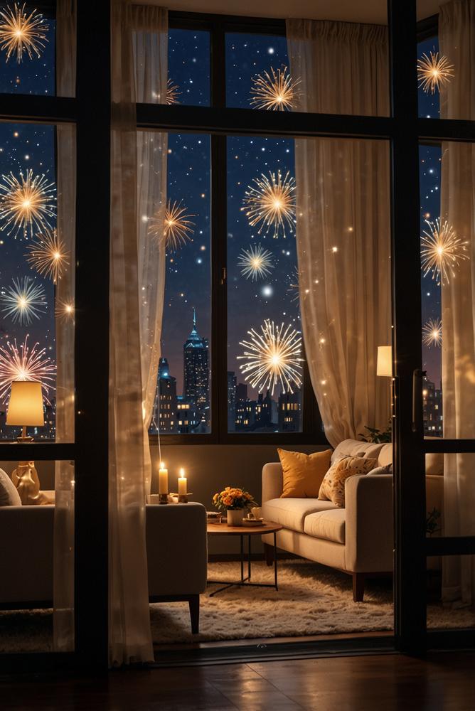 Helle Silvesterdekoration an Fenster mit Kerzen sicher arrangiert