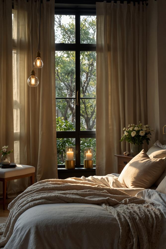 Hell und einladend dekoriertes Silvester-Schlafzimmer