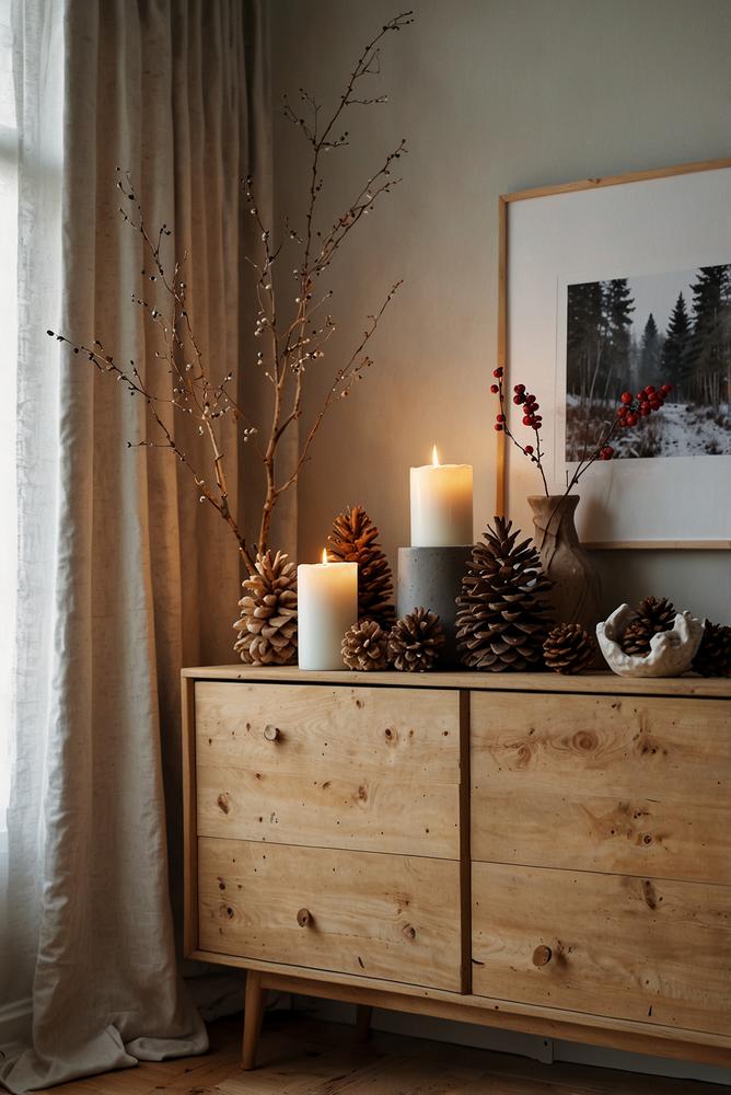 Skandinavisches Hygge Weihnachtsdeko auf Sideboard hell und einladend