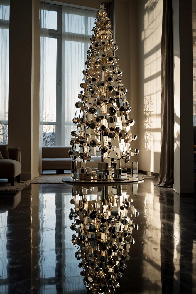 Moderner Spiegel-Weihnachtsbaum in heller Wohnung