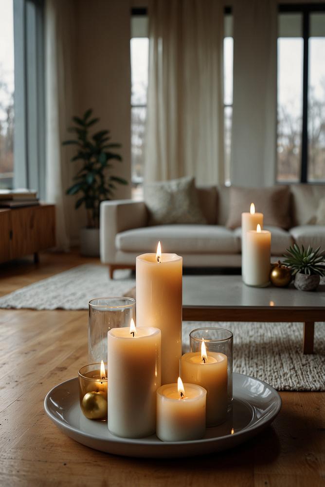 Minimalistische Kerzenanordnung zu Silvester, hell und elegant