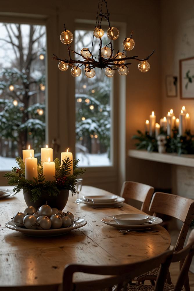 Helle hängende Weihnachtslichter über dem Esstisch