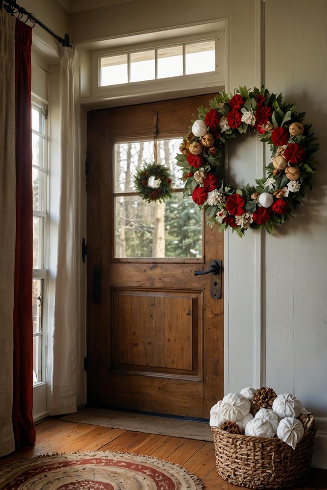 Heller Stoffkranz aus bunten Weihnachtsstoffen an Tür