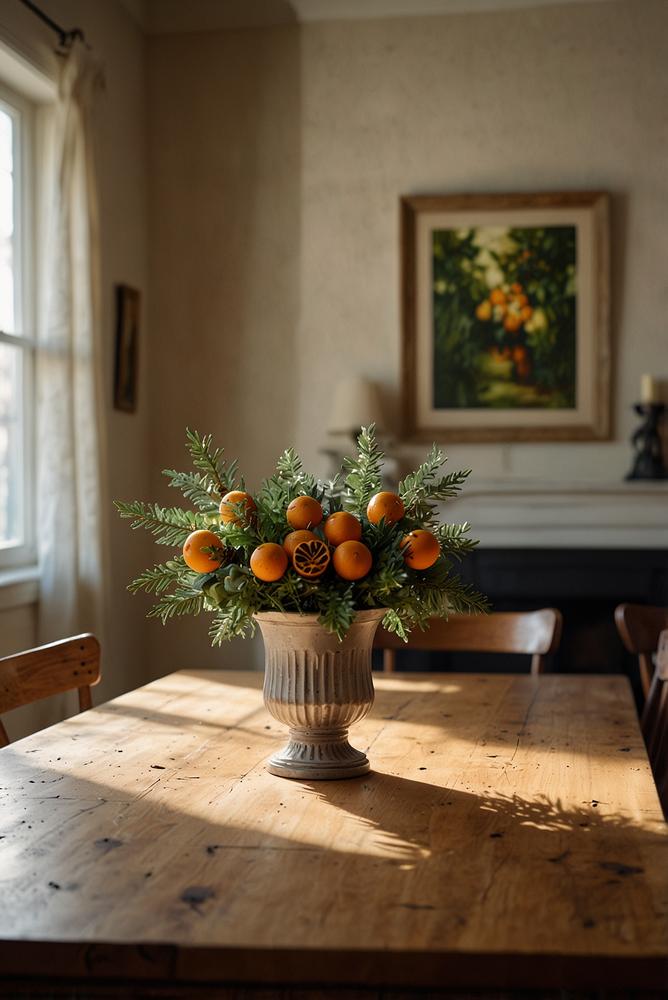 Tannengruen-Girlande mit Orangen am Esstisch hell und freundlich