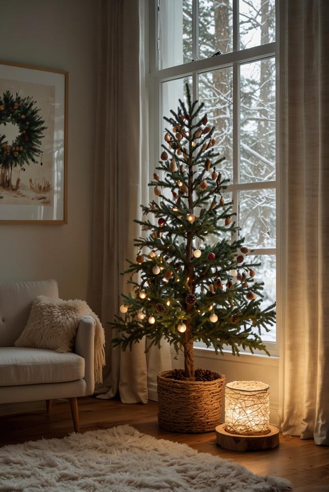 Tannenzapfen-Weihnachtsbaum auf skandinavischem Sockel, hell und modern