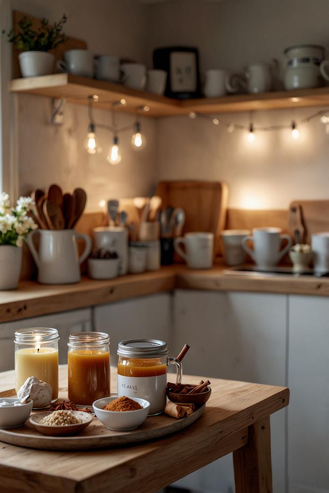 Gemütliche Tee- und Backstation in winterlicher Küche, hell und einladend