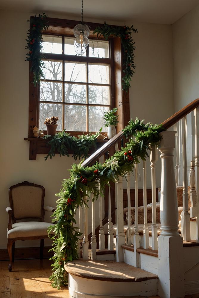 Treppengirlande mit Zweigen, Moos und Zapfen in hellem Raum