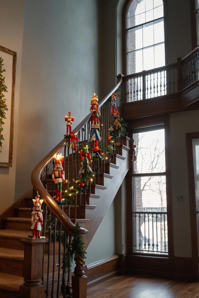 Treppenhaus-Mobile mit hängenden Nussknacker-Ornamenten hell und festlich
