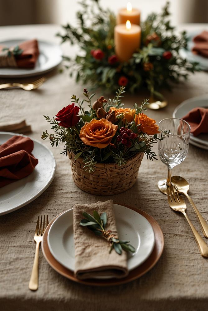 Trockenblumen-Serviettenringe auf festlicher Weihnachtstafel