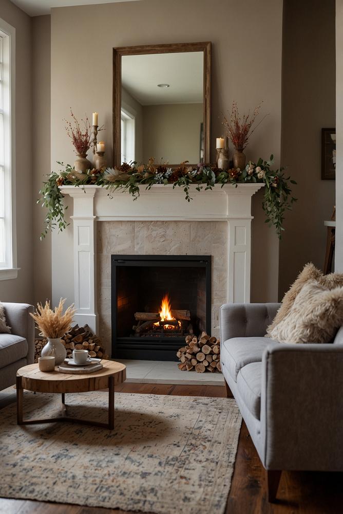 Kamindeko mit Trockenblumen Girlande hell und einladend