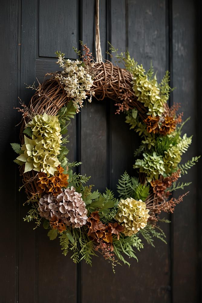 Türkranz aus Trockenblumen und Tannenzweigen hell und einladend