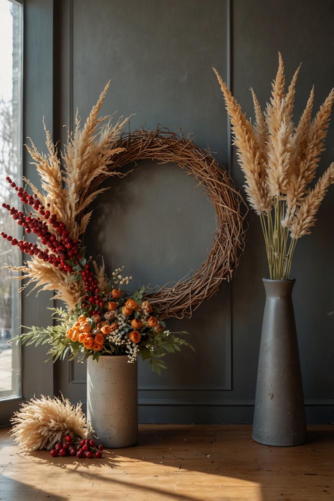 Türkranz aus Trockenblumen, Zapfen und Beeren hell und einladend
