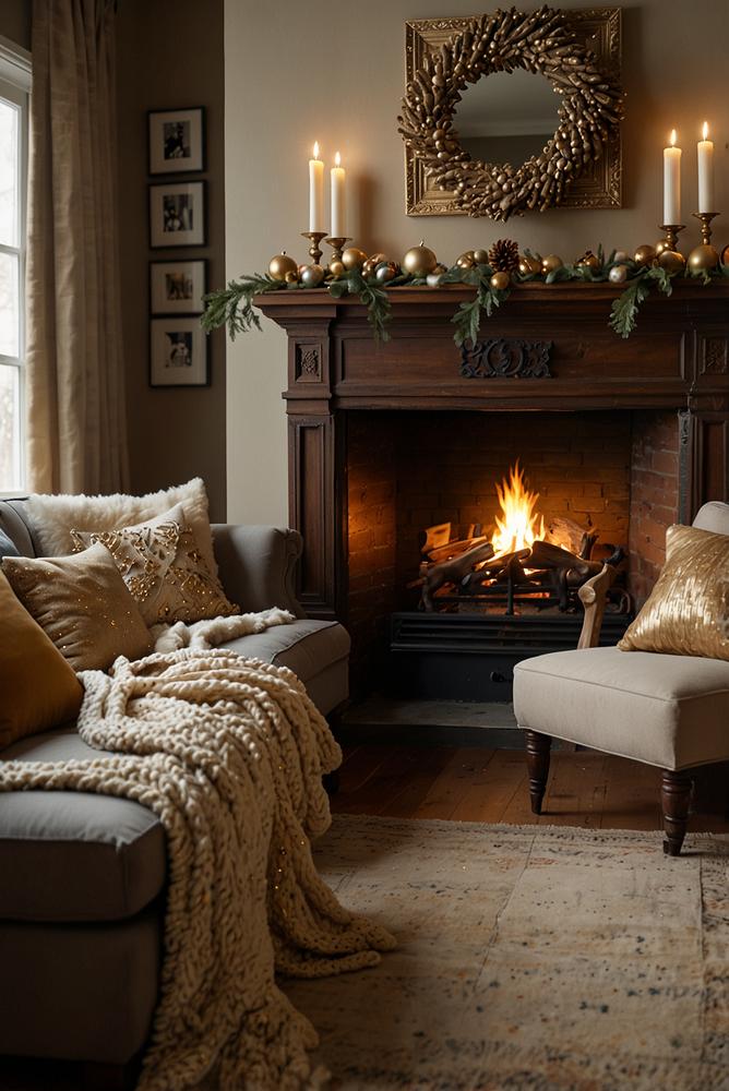 Vintage-Glanz Weihnachtsdeko am Kamin hell und einladend
