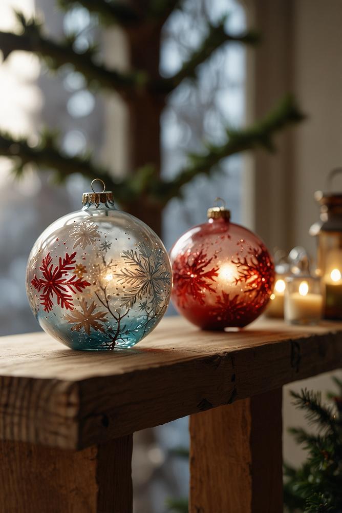 Vintage Glas Weihnachtskugeln im Holzregal hell und gemütlich