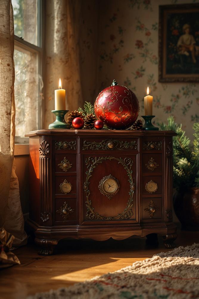 Vintage Weihnachtsdeko auf Sideboard hell und einladend