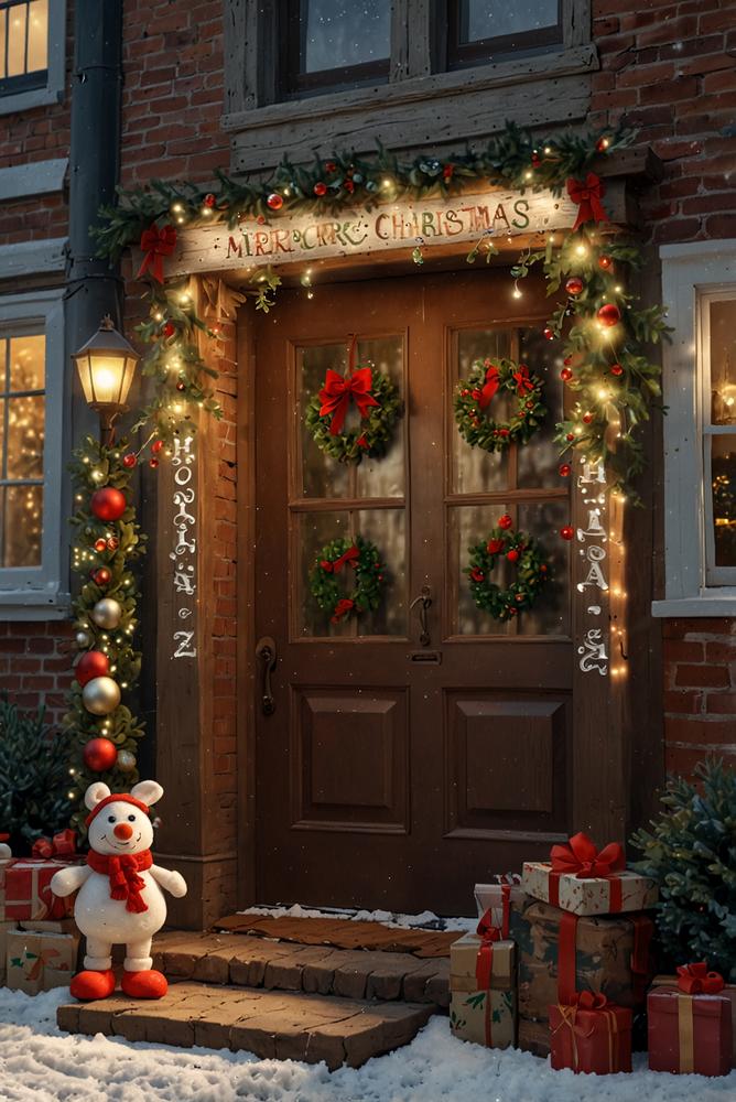 Vintage Weihnachtsdeko an der Haustür mit nostalgischen Schildern