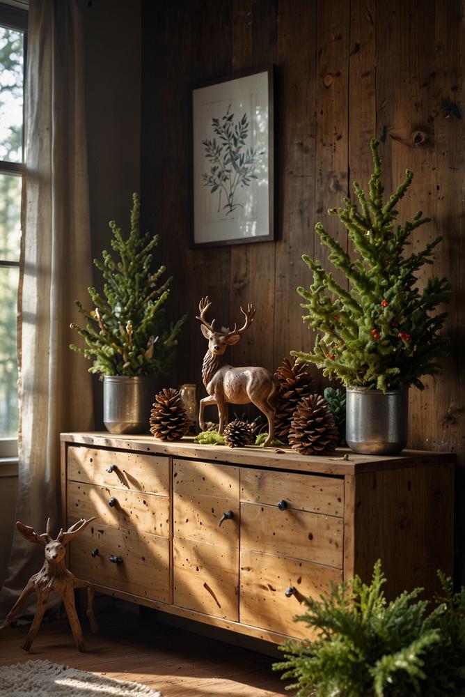 Winterliche Weihnachtsdeko mit Tannenzweigen und Holzfiguren auf Sideboard