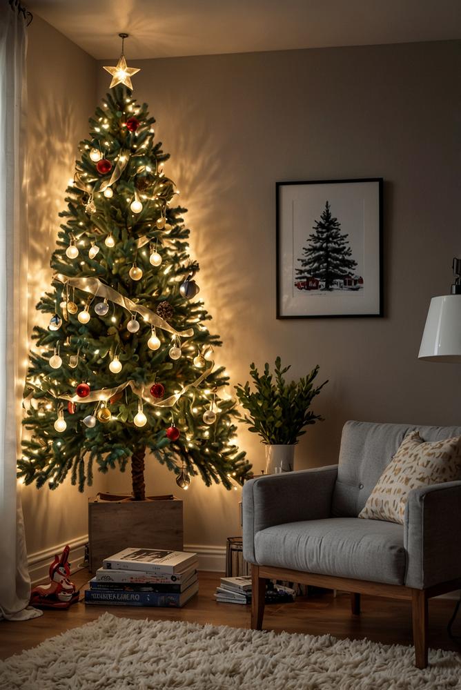 Moderner Wand-Weihnachtsbaum aus Lichterketten und Fotos