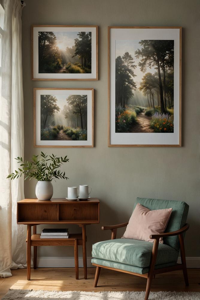 Helle Wandgalerie mit ruhigen Motiven im Wohnzimmer