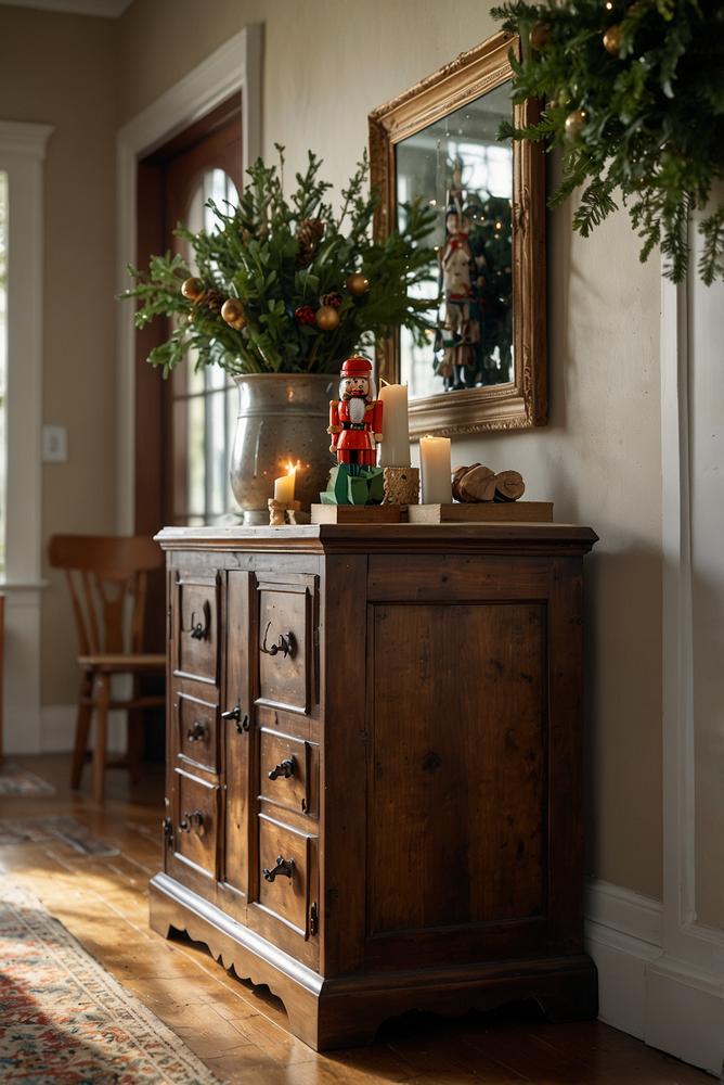 Eingangsconsole mit Nussknacker und Tannengrün, festlich dekoriert