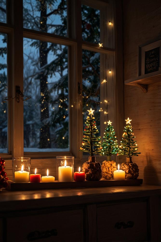 Weihnachtliche Fensterdeko mit Holzfiguren und Regal