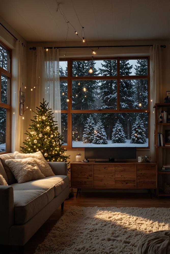 Weihnachtliche Fernseher-Wand mit Lichterketten und Tannenzweigen