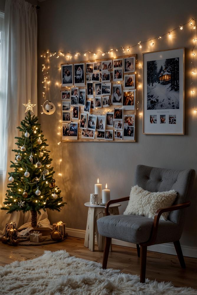 Weihnachtliche Fotowand mit Lichterketten und Tannenzweigen