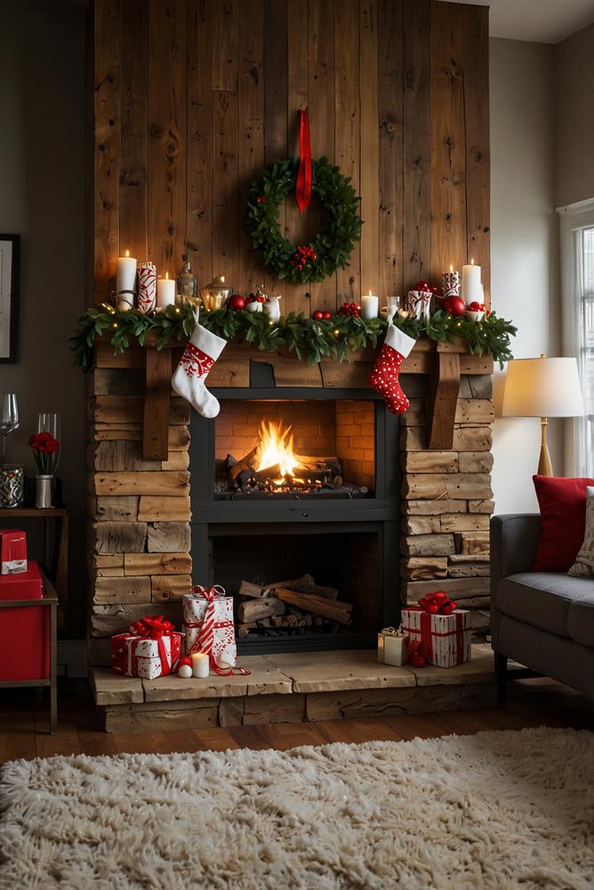 Helle Kaminwand mit weihnachtlichen Strümpfen und Holzverkleidung