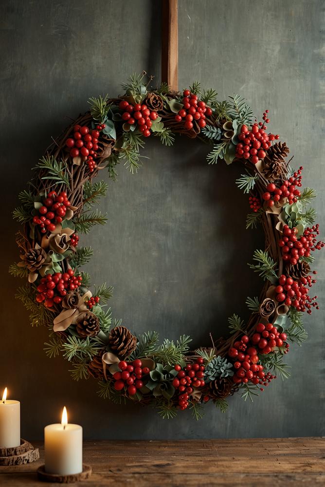Weihnachtlicher Kranz an heller Wand im Eingangsbereich