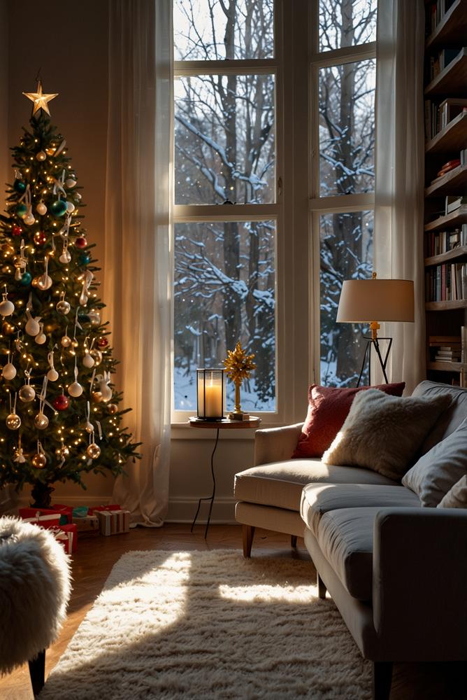 Weihnachtslichter im Bücherregal für gemütliche Atmosphäre