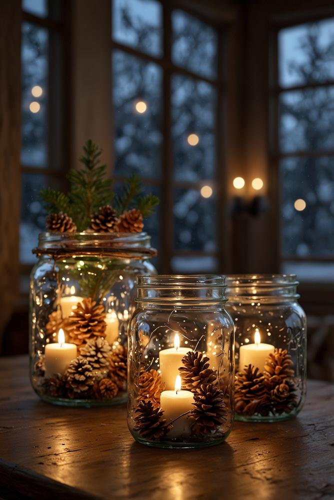 Weihnachtliche Lichter in Einmachgläsern als Tischdeko