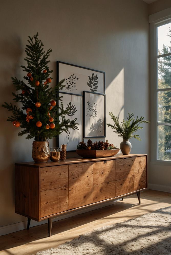 Tannenzweig-Girlande an heller Wohnzimmerwand festlich dekoriert