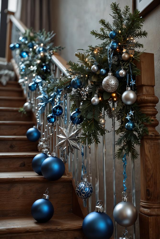 Moderne weihnachtsdeko an treppengelaender blau silber