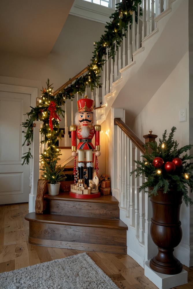 Helle Treppendeko mit traditionellen Nussknackern zu Weihnachten