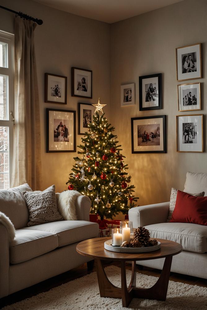 Helle Wandgalerie mit Weihnachtskarten und Familienfotos