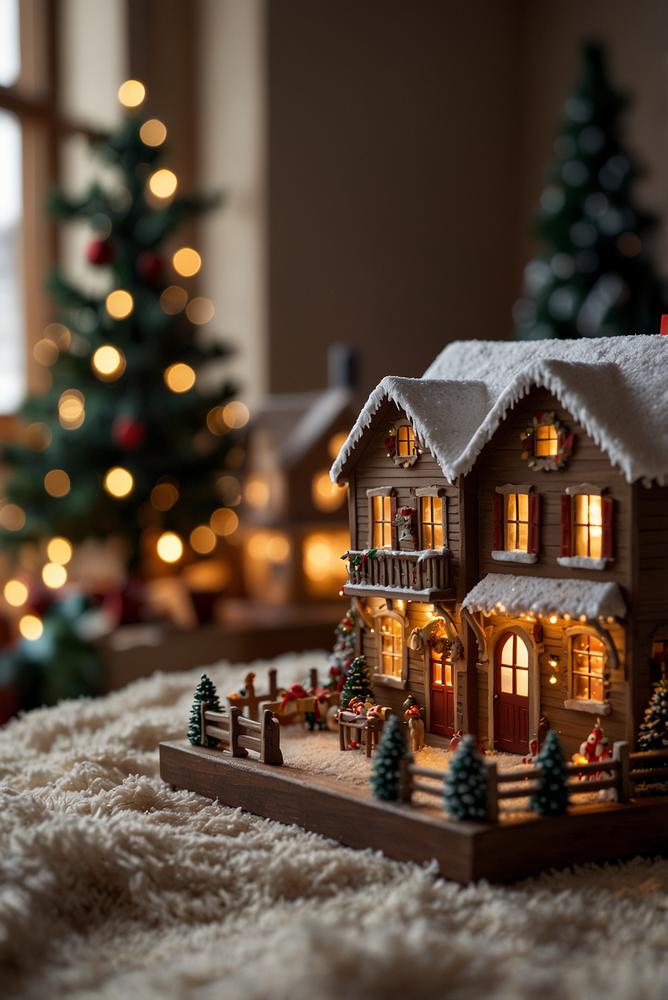 Mini-Weihnachtsdorf auf hellem Wandregal diorama