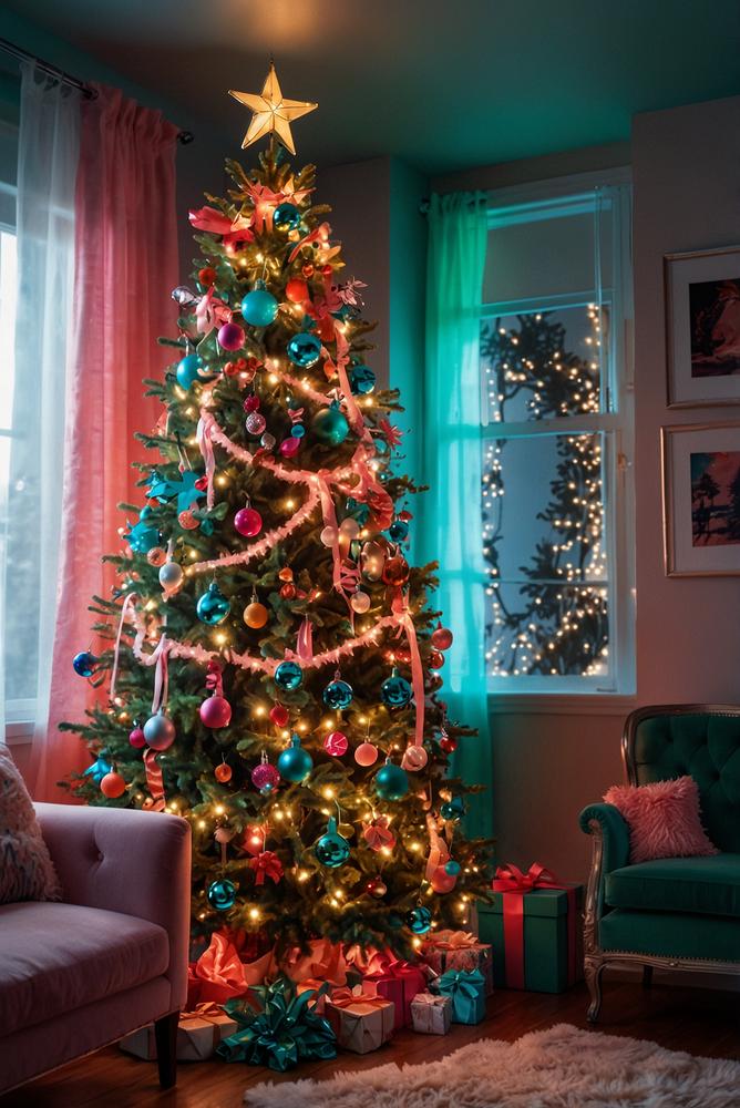 Weihnachtsbaum mit Neonlicht und Chromakzenten im Retro-Stil