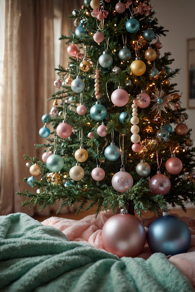 Weihnachtsbaum im Retro-Look mit pastelligen Kugeln und Lametta