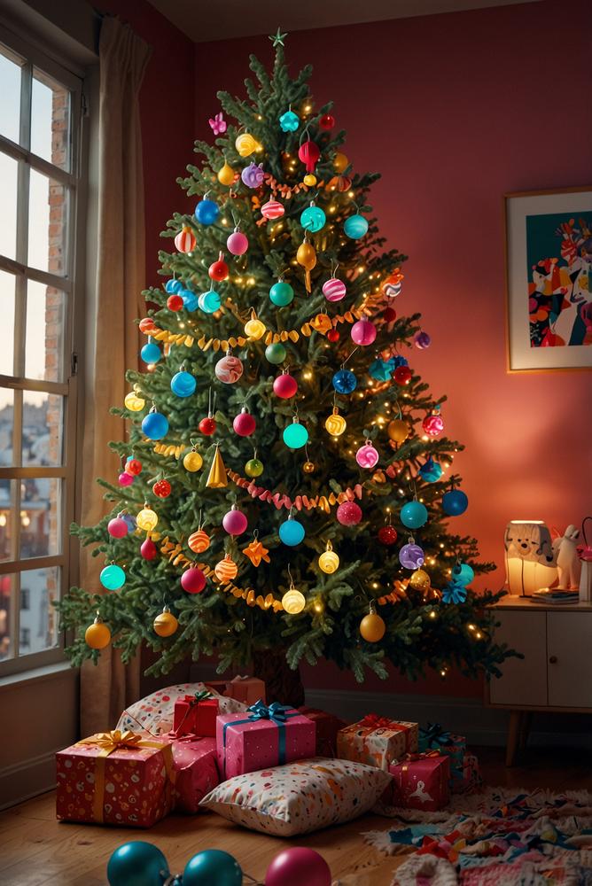 Weihnachtsbaum mit bunten Pop-Art Kunststoff-Anhängern 80er