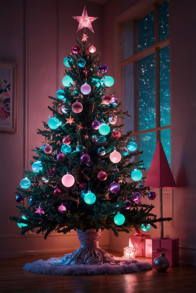 Weihnachtsbaum in Synthwave-Farben Pink Lila Teal