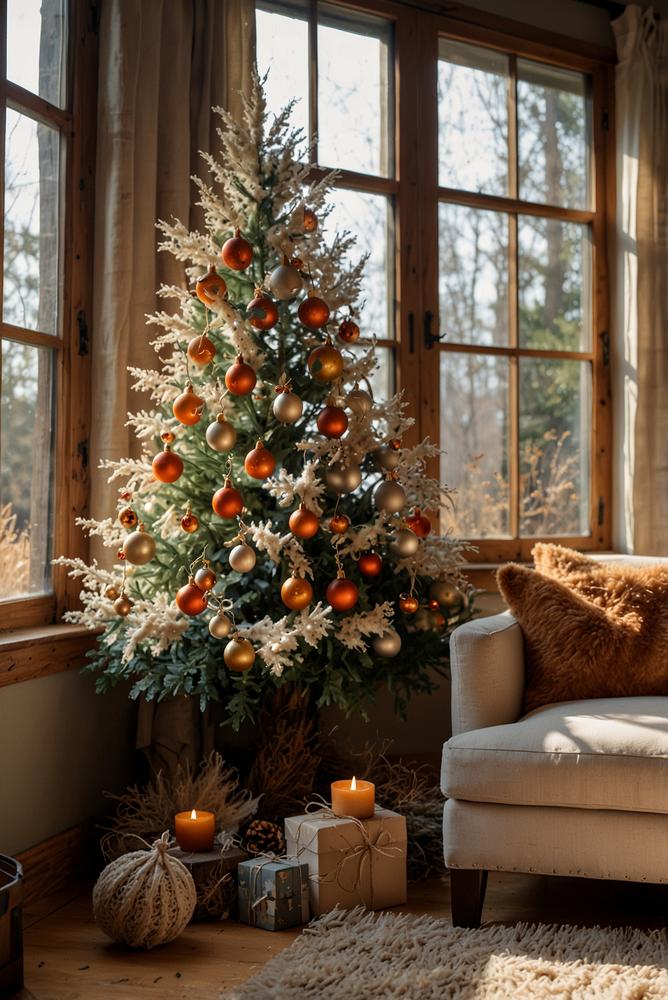 Weihnachtsbaum mit Trockenblumen-Ornamenten hell und einladend