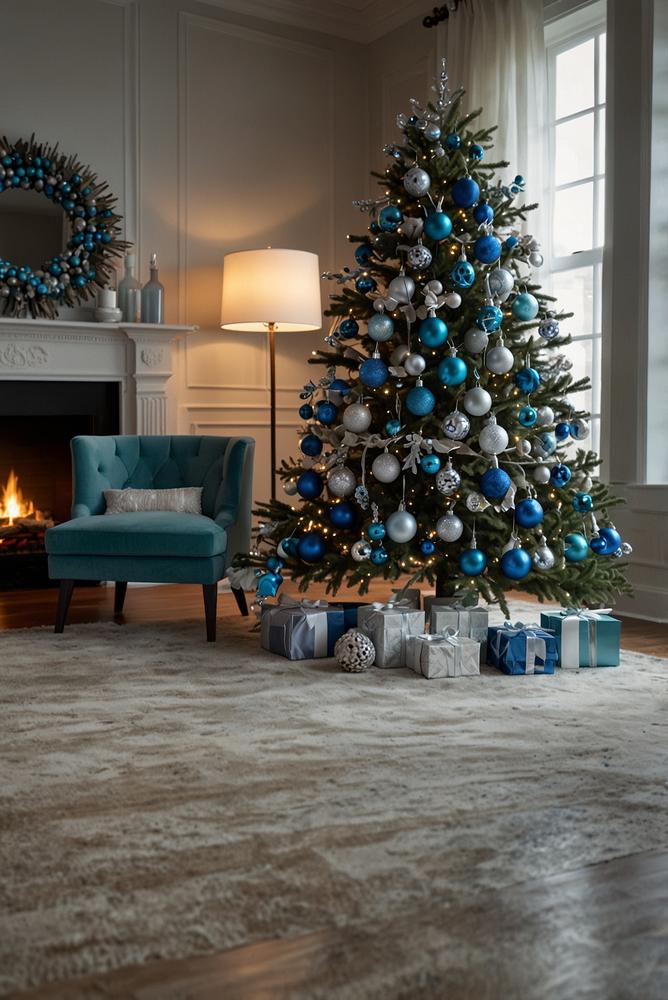 Weihnachtsbaum mit blauer und silberner Dekoration in modernem Raum