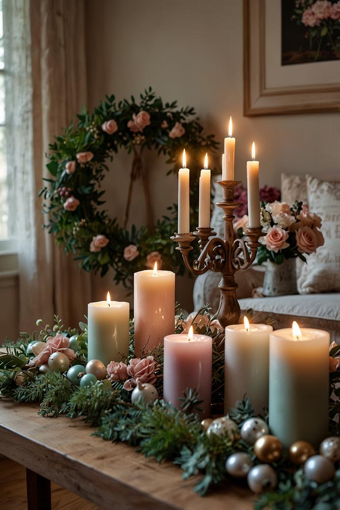 Adventskranz mit Rosé- und Mintakzenten in Pastellfarben