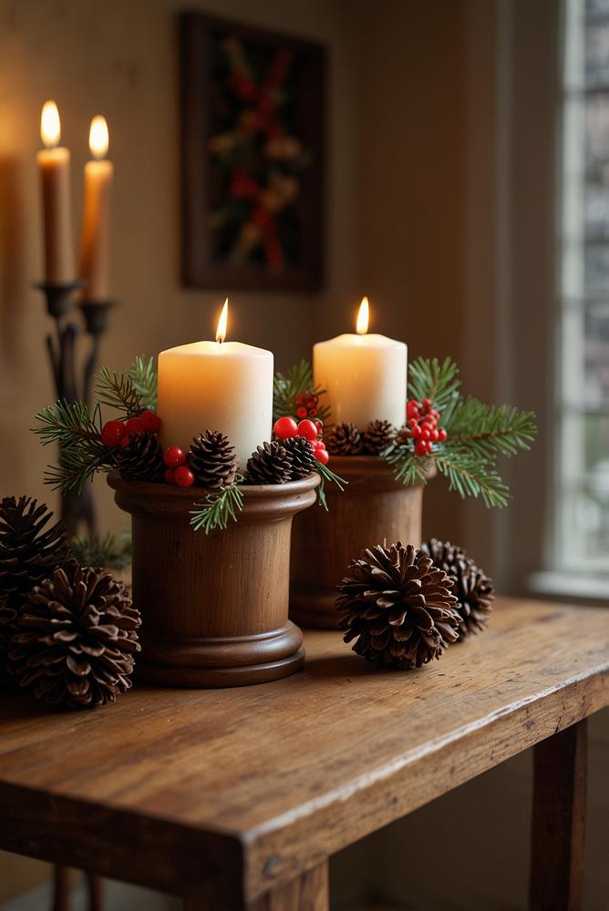 Adventsteller auf Konsole im hellen Flur weihnachtlich dekoriert