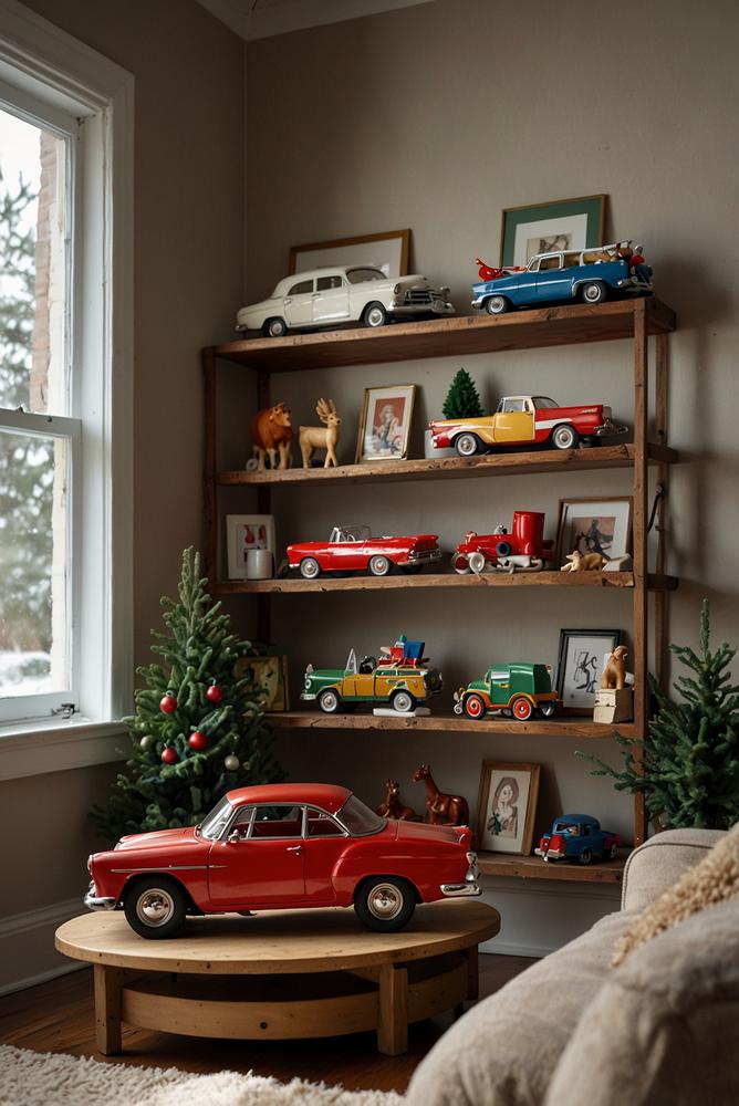 Vintage Weihnachtsdeko mit alten Blechspielzeugen im Regal