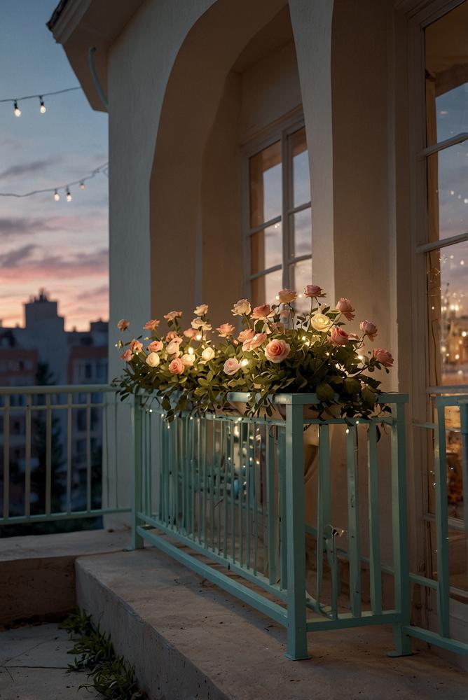 Balkon mit pastellfarbenen Lichterketten weihnachtlich dekoriert