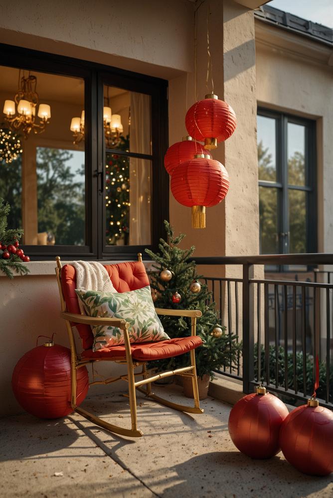 Balkon mit roter und goldener Weihnachtsbeleuchtung