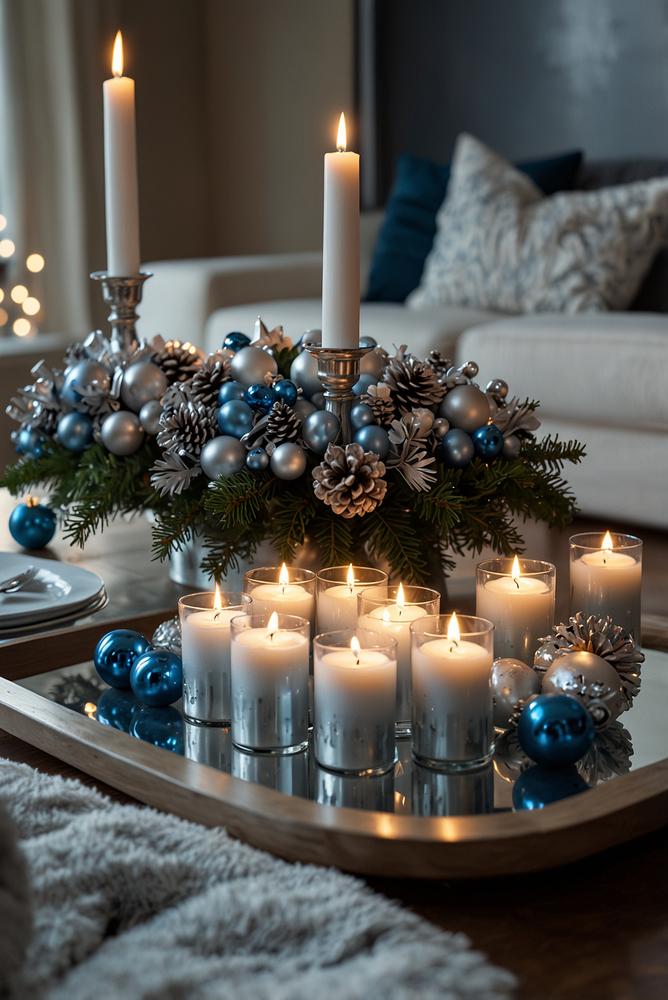Adventskranz in Blau und Silber auf einem Couchtisch