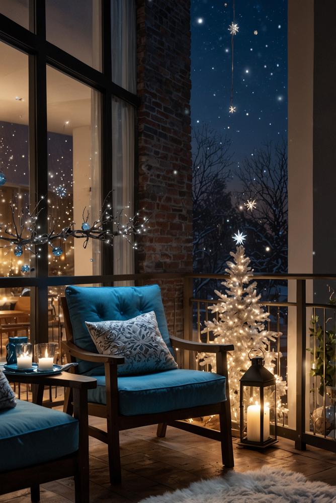 Weihnachtsdeko Balkon in Blau und Silber mit Lichterketten