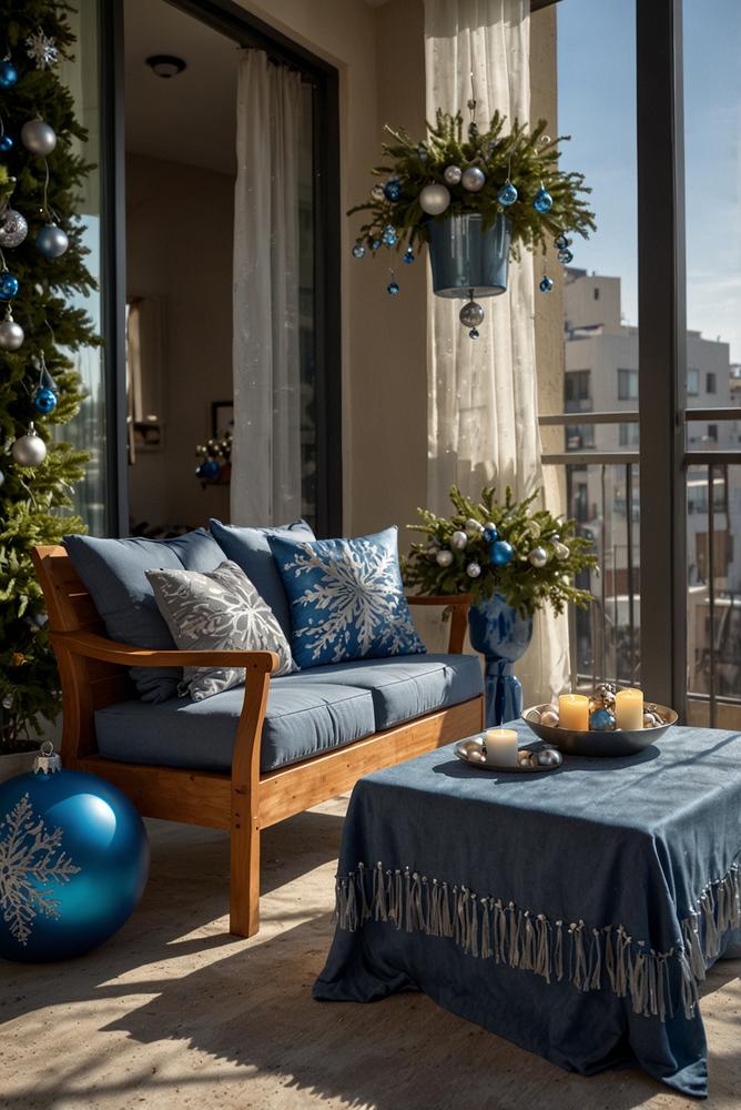 Weihnachtsdeko Blau Silber Balkon Terrasse wettersicher